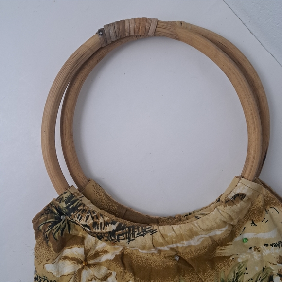 Vintage wood circle handle Hawaiian print beaded tassel fringe retro purse - Picture 4 of 16